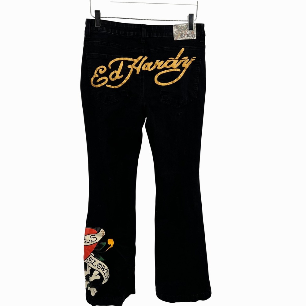 Ed Hardy Black Jeans Spellout Butt Skull Love Kills Slowly Tattoo Sz 30 Bootcut